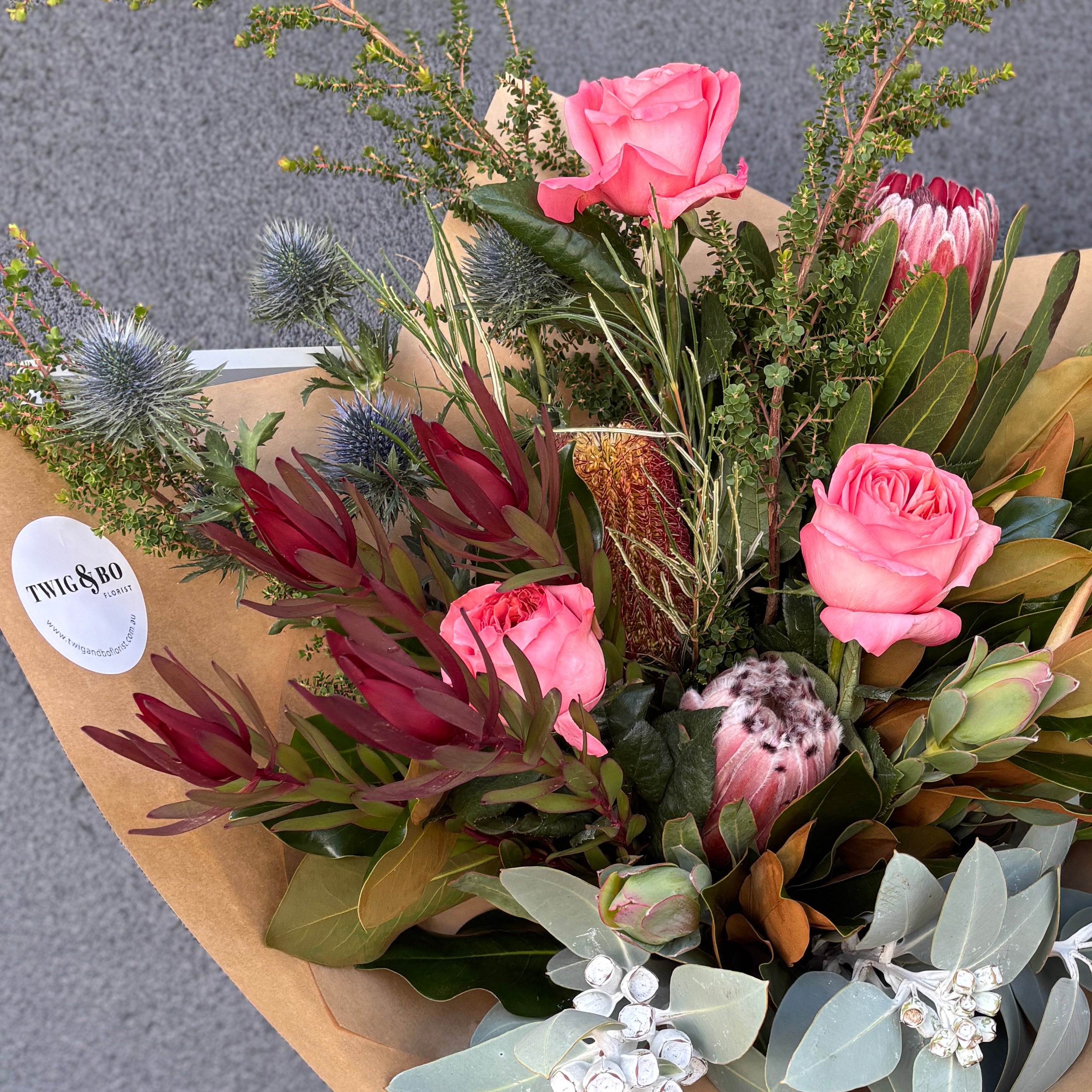 Sarah | Australian Natives, Wildflower & Rose Arrangement