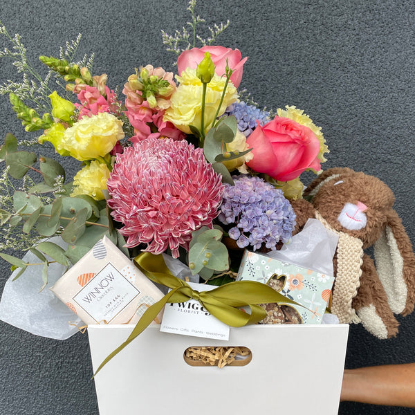 Easter Gift Hamper With Chocolate's, Bunny & Posy Jar of Flowers