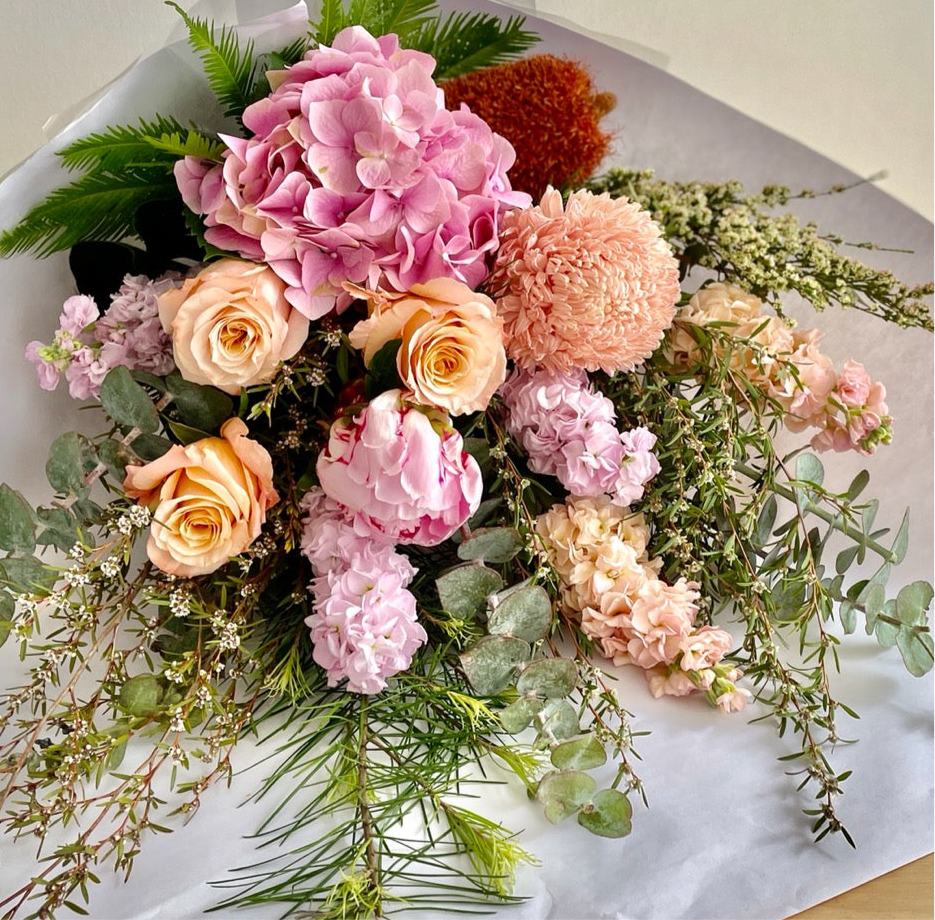 Lucy Soft Pastel Flower Gift Hamper / Flowers, Chocolates & Bubbles