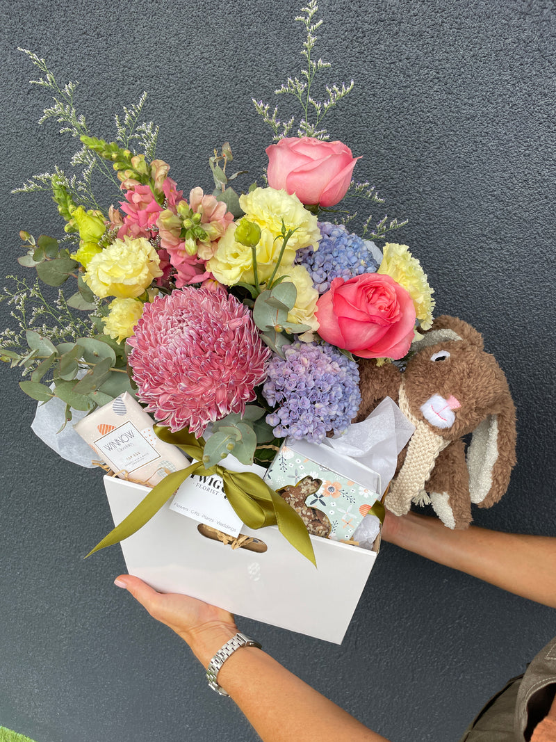 Easter Gift Hamper With Chocolate's, Bunny & Posy Jar of Flowers