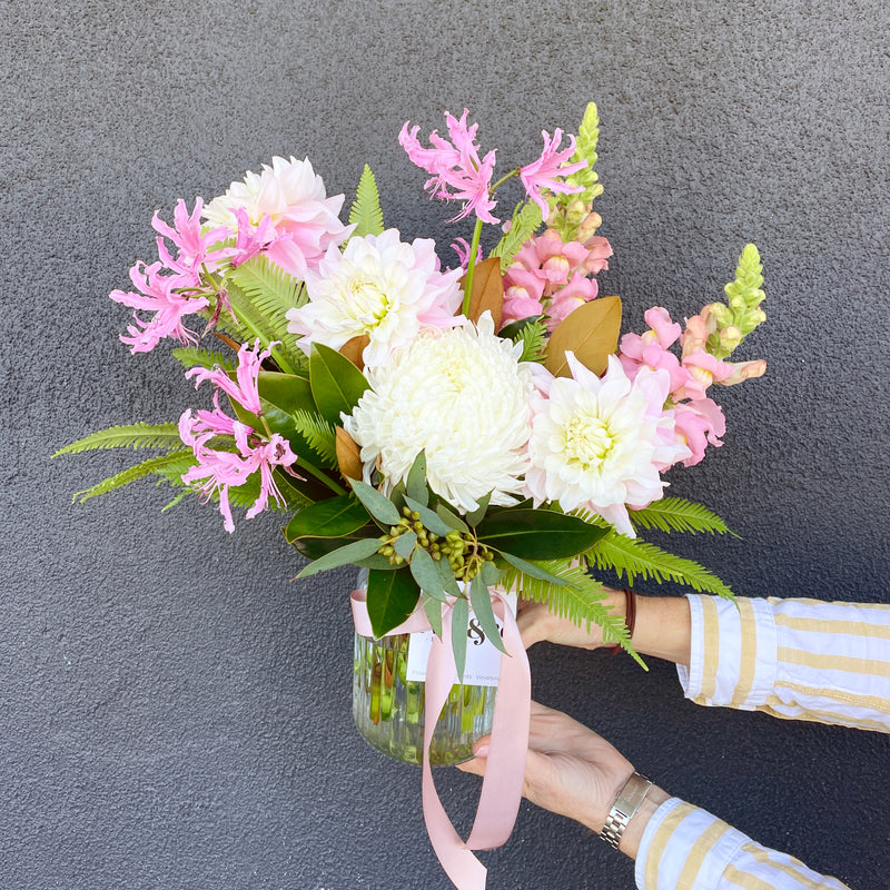 Pink and white Jar of Seasonal Flowers