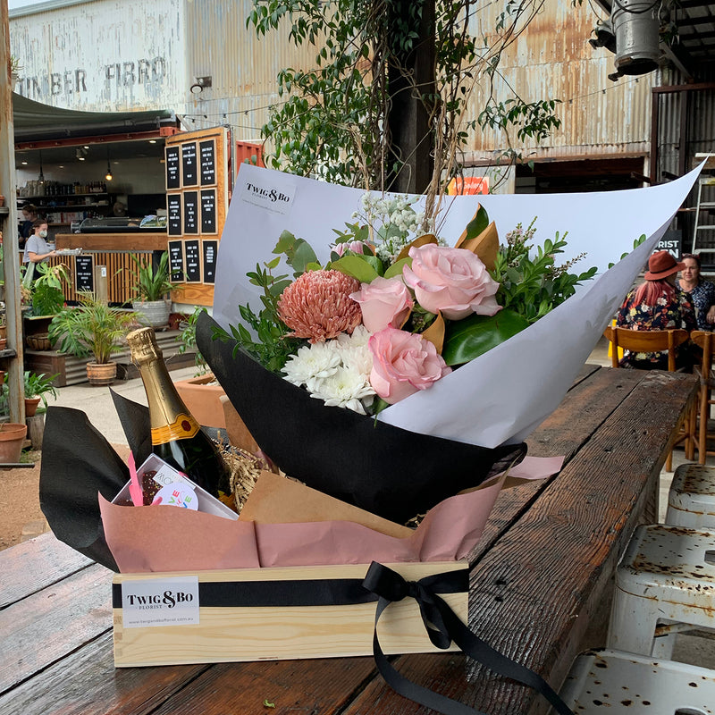 Lucy Soft Pastel Flower Gift Hamper // Flowers, Chocolates & Bubbles